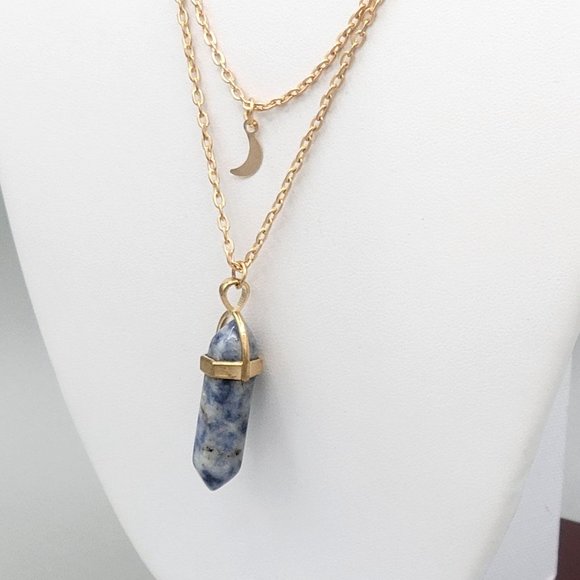 Womens Gold Tone Blue Quartz Stone Pendant Necklace Half Moon Accent 18 in - Picture 3 of 6